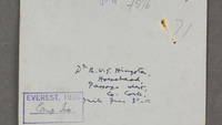 Object Letter from Camp II, Mount Everest Expedition 1936 to R.W.G.Hingston, 3 May 1936cover picture