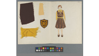 Object Student wearing school uniform of Saint Mary’s Dominican Convent, Dun Laoghaire, Co. Dublin, with swatches of material and school crestcover picture
