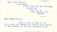 Object Letter [original] from Major Tynan D.S.O., Area Secretary British Legion (Irish Free State Area) to [Miss H.G. Wilson], Secretary, Irish National War Memorial Committee.cover