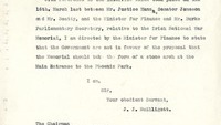 Object Letter [carbon-copy] from J.J. McElligott, Department of Finance, Upper Merrion Street, Dublin to The Chairman, Irish National War Memorial, No. 3 Room, 102 Grafton Street, Dublin.cover picture